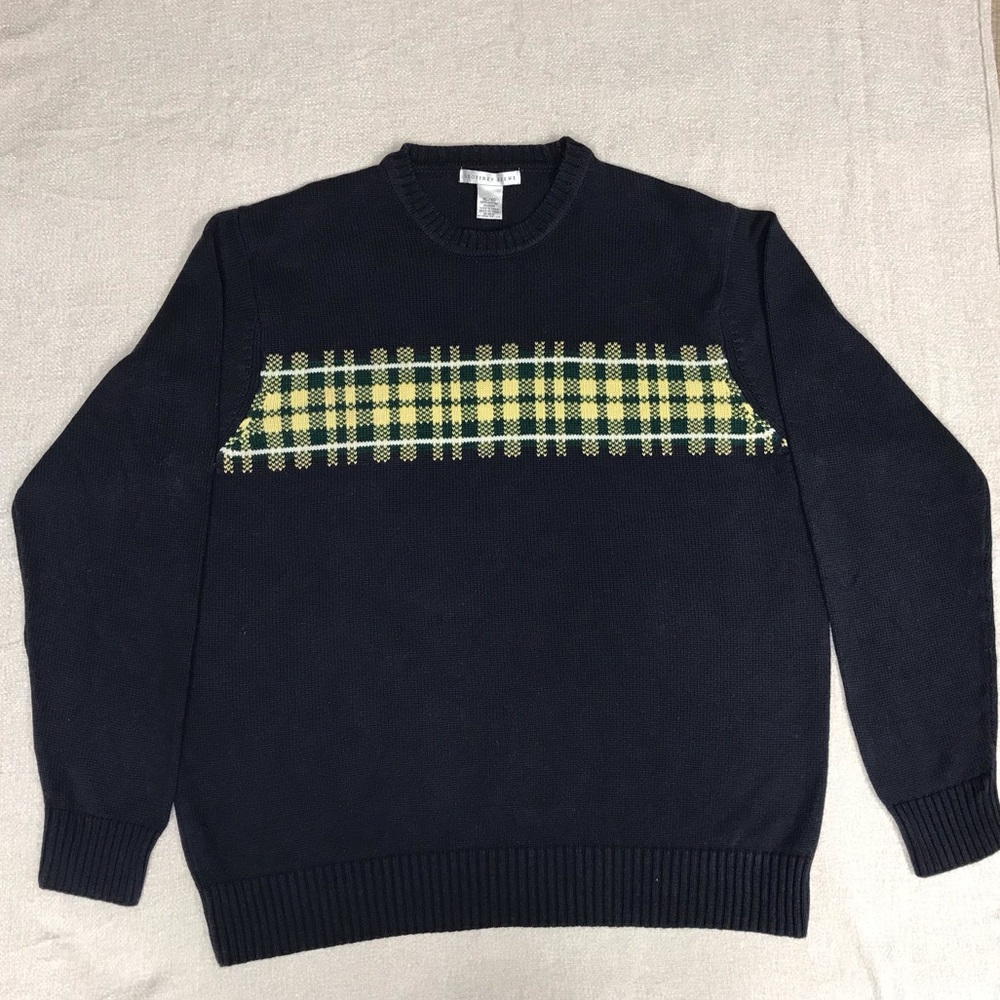Geoffrey Beene Men’s Cotton Sweater XL Navy Plaid Stripe